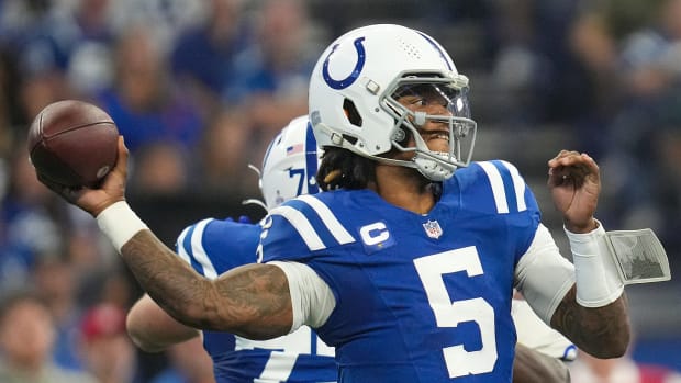 Indianapolis Colts quarterback Anthony Richardson (5) passes during the first half of the game against the Los Angeles Rams on Sunday, Oct. 1, 2023, at Lucas Oil Stadium in Indianapolis.